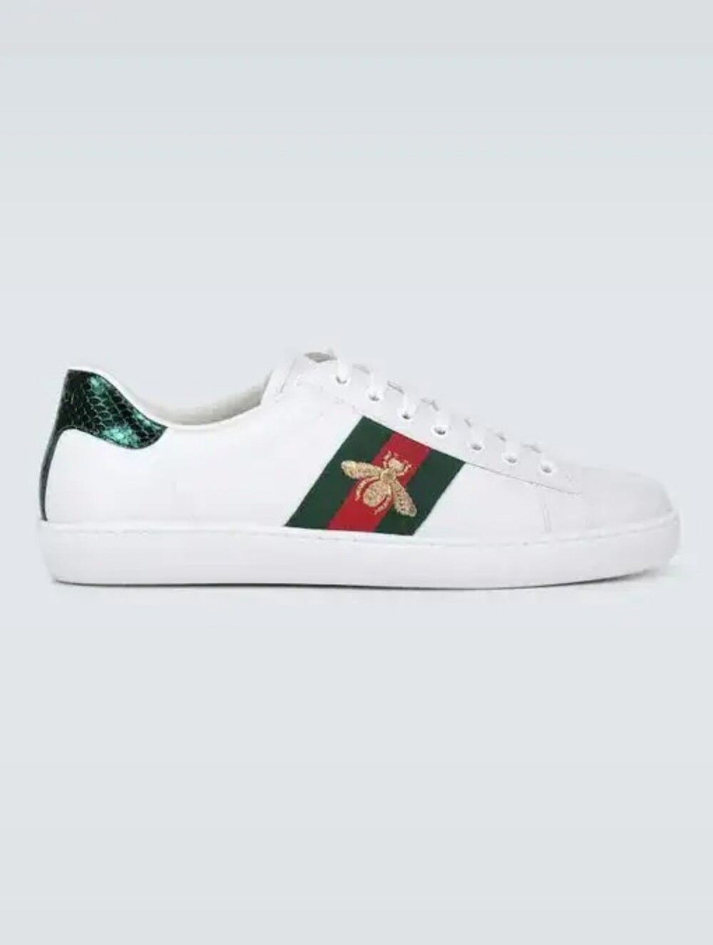 Gucci Men’s White Leather Ace Sneaker with Green-Red Web and Bee - Picture 12 of 16